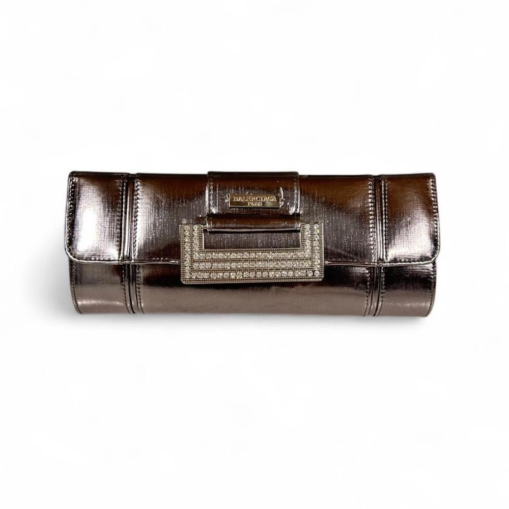 NWT designer Shiny silver logo Metallic Clutch with Embellished Buckle